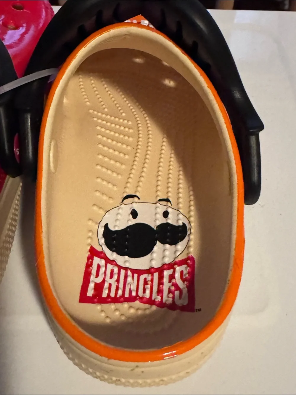Pringles Crocs Orange and Red Sandals with Black Moustache